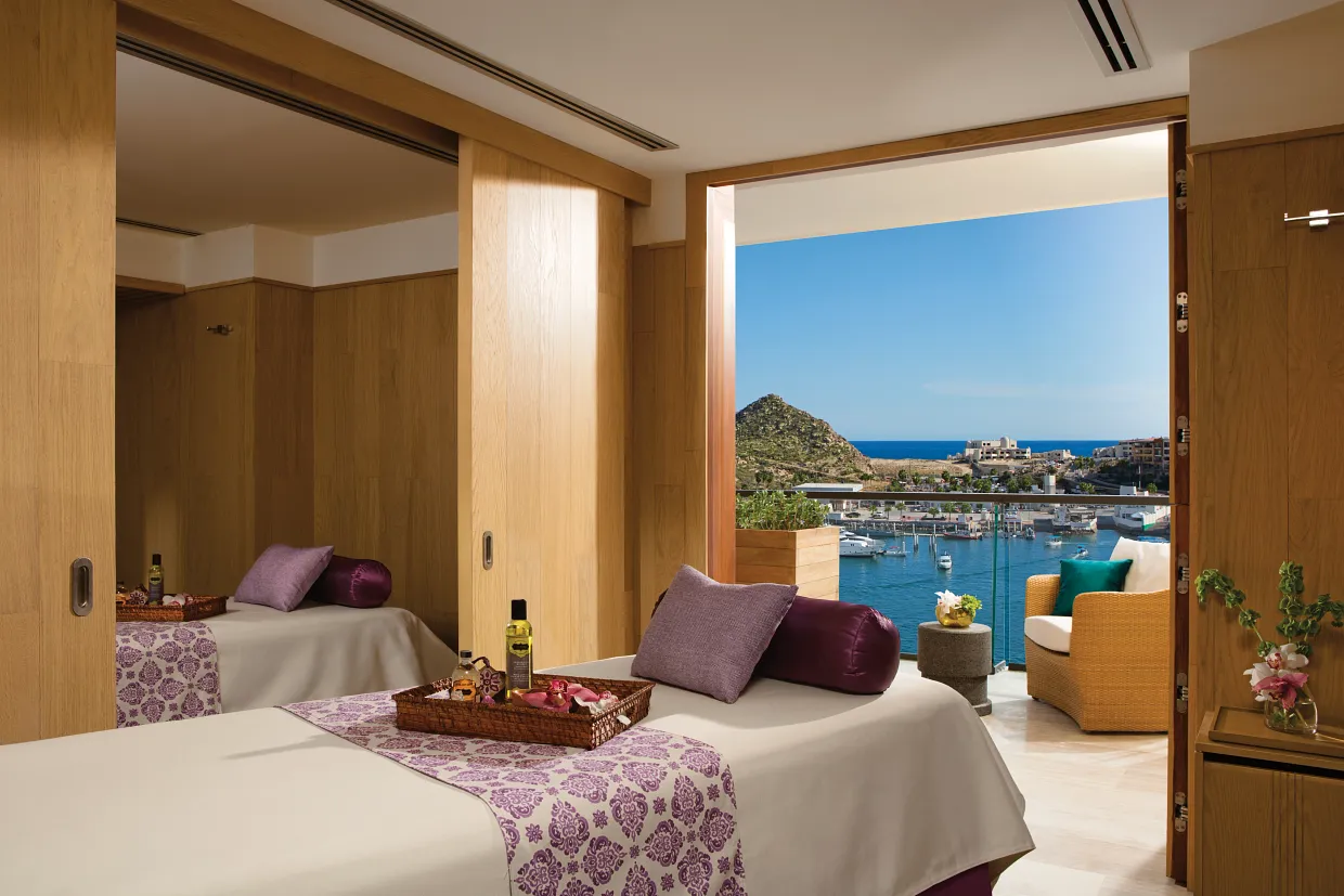 Marina-view double treatment room at the spa in Breathless Cabo San Lucas.