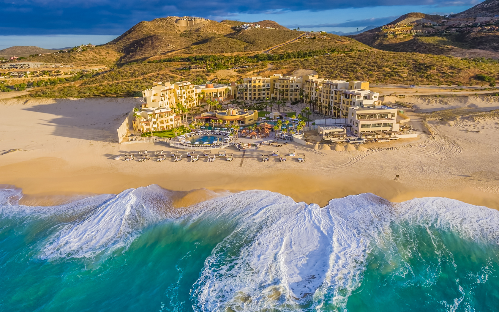 Pueblo Bonito Pacifica aerial view featuring secluded beach, pools, and adults-only luxury setting.